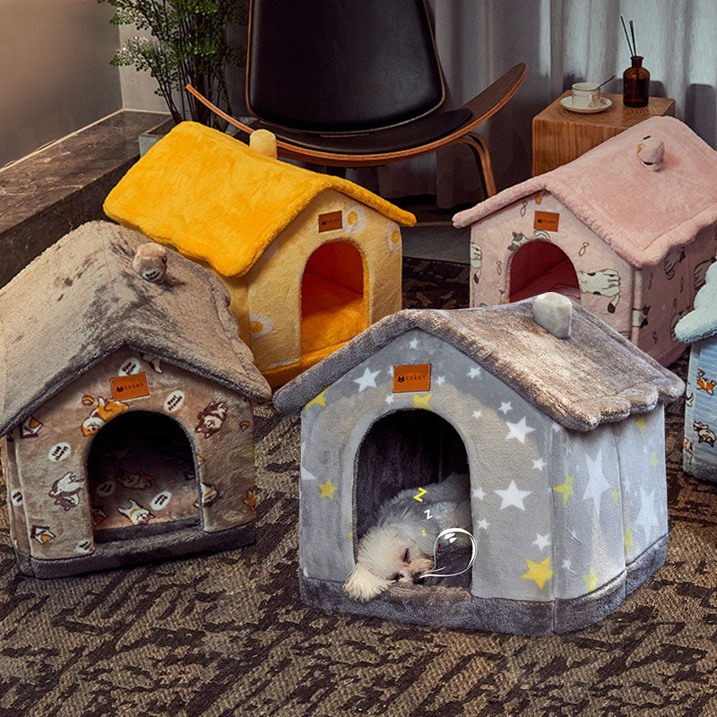 Foldable Plush House-Shaped Pet Bed 