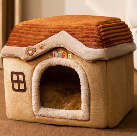 Foldable Plush House-Shaped Pet Bed brown