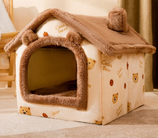 Foldable Plush House-Shaped Pet Bed brown 2