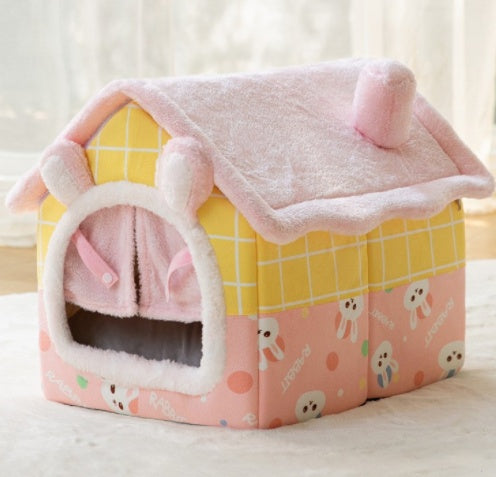 Foldable Plush House-Shaped Pet Bed pink