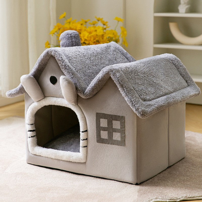 Foldable Plush House-Shaped Pet Bed silver