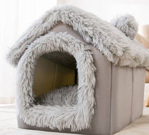 Foldable Plush House-Shaped Pet Bed silver 1