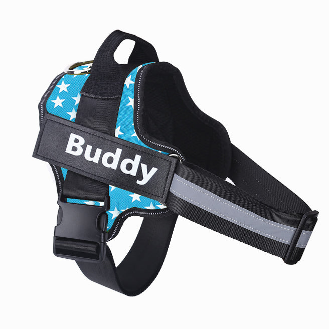 No-Pull Personalized Dog Harness with Custom Name Patch blue stars