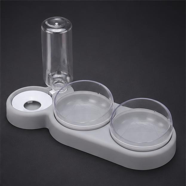 Comedero gris DualDine Station™ de Velnuki Pets, alimentador y bebedero automático para mascotas.